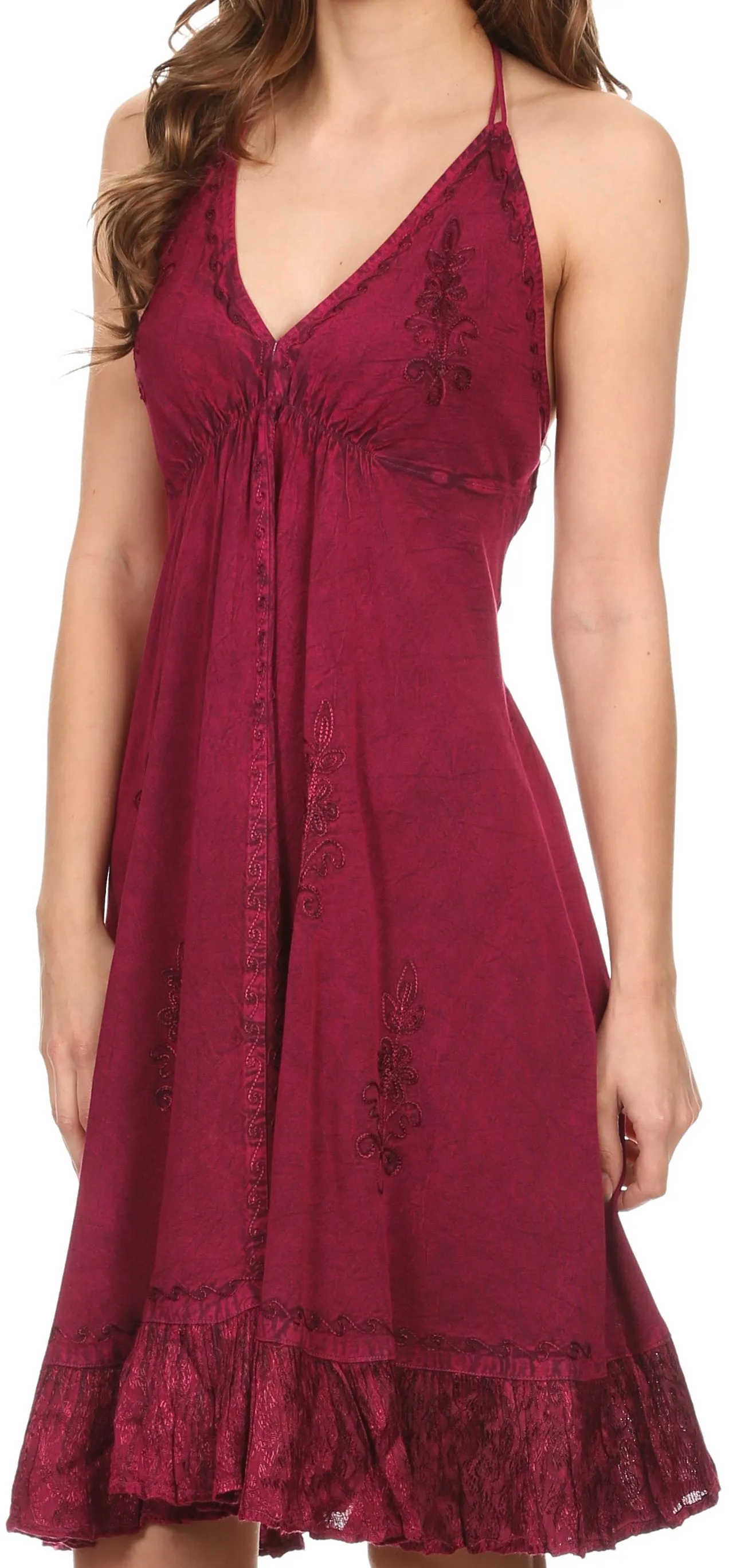 Sakkas Jia Stonewashed Embroidered Handkerchief Hem Halter Dress With Beads