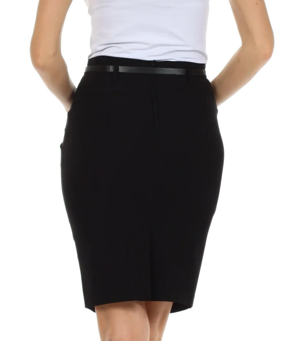 Sakkas Women's Shirred Hip Stretch Pencil Skirt with Skinny Belt