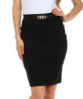 Sakkas Women's Shirred Hip Stretch Pencil Skirt with Skinny Belt