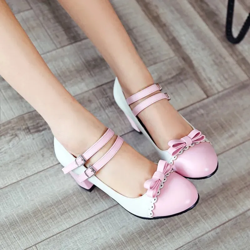 Sohiwoo Japanese Sweet Lolita Women's Shoes Round Head Heel Student Bow Shoes thick heel women shoes cosplay loli Sweet lolita shoes