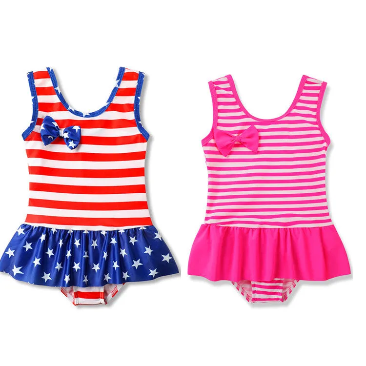 Swimsuit One-Piece  for Children American Flag Striped Ruffled Swimwear