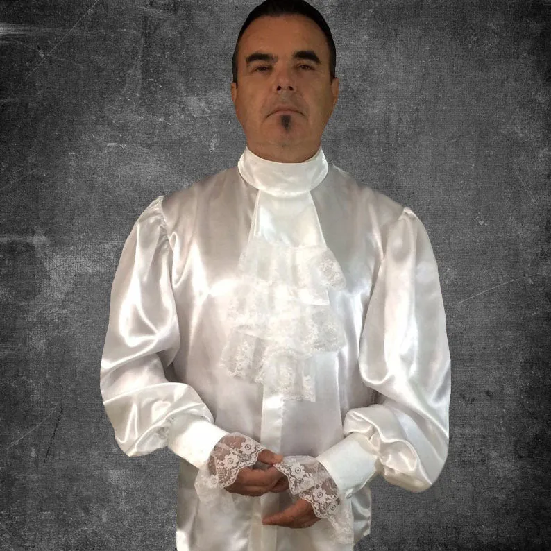 White Men's Satin Shirt With Detachable Frill in S M L XL 2XL 3XL