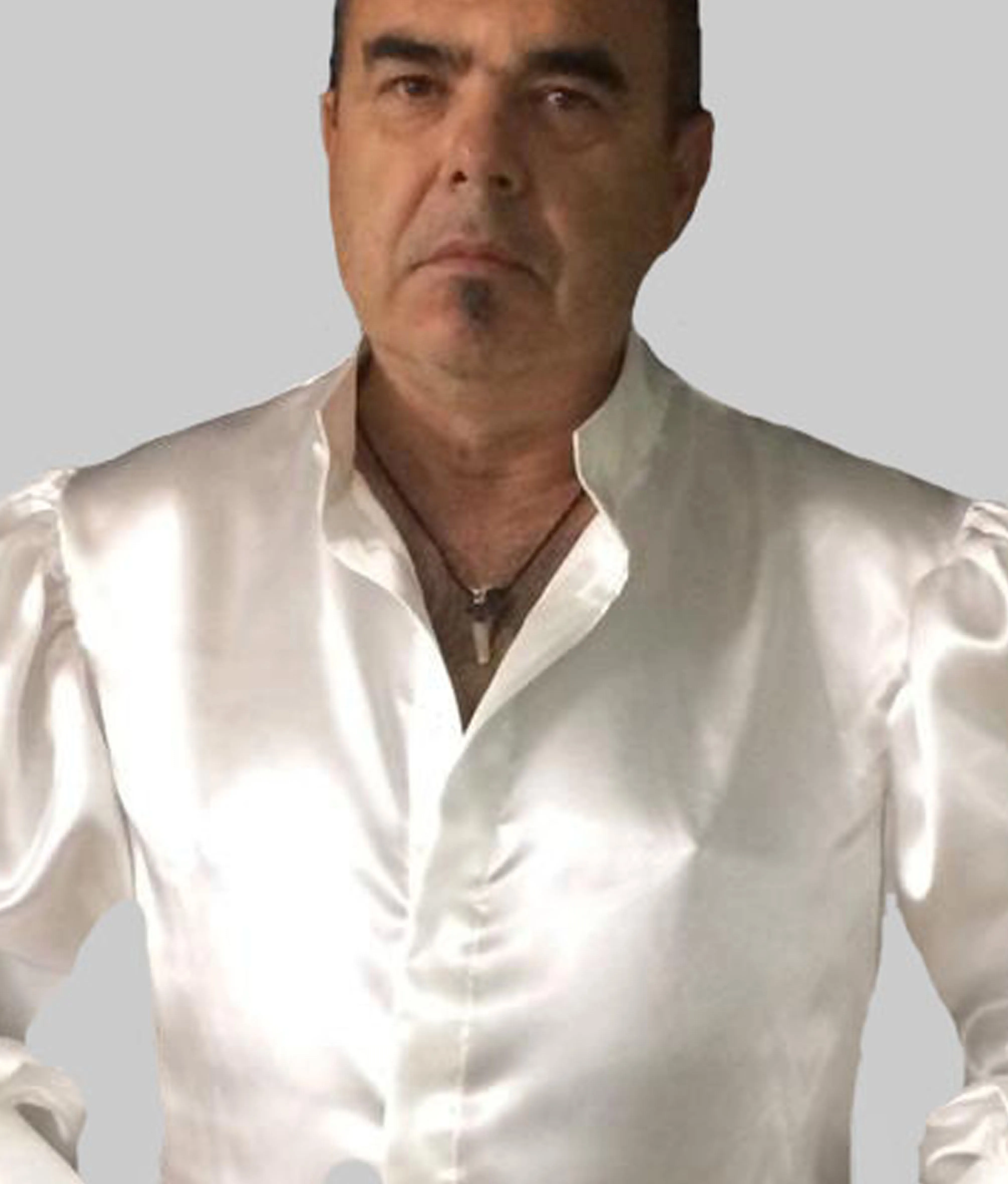 White wide sleeves satin cravat shirt in men's sizes S M L XL 2XL 3XL