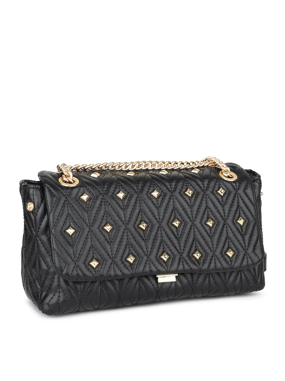 Women Black Quilted Embellished Shoulder Bag