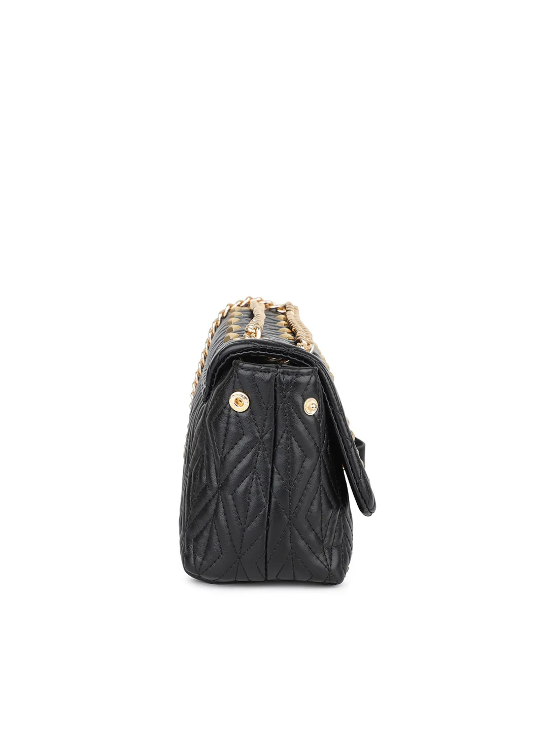 Women Black Quilted Embellished Shoulder Bag