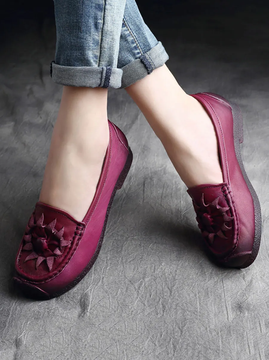 Women Vintage Flower Genuine Leather Low Heel Shoes