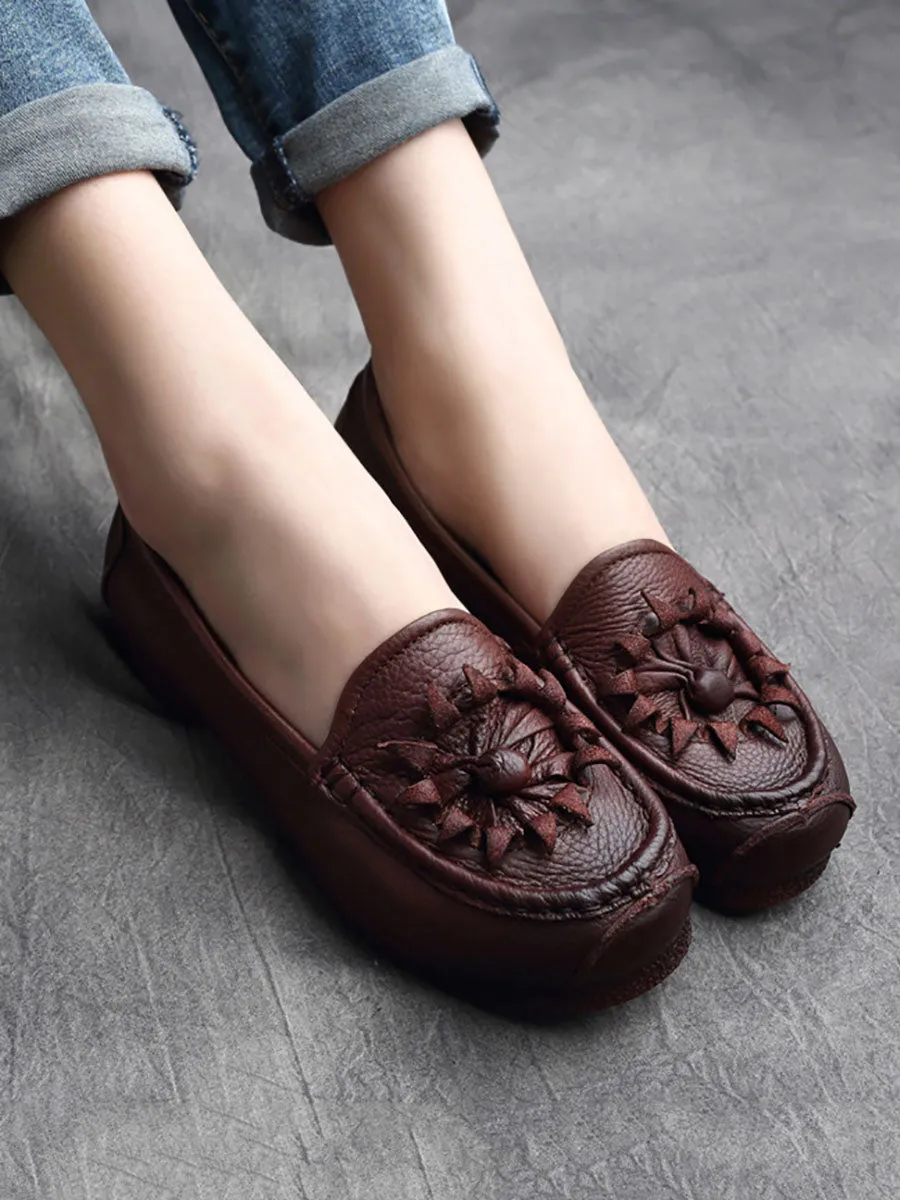 Women Vintage Flower Genuine Leather Low Heel Shoes